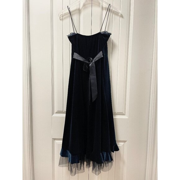 Vintage Gothic Victorian Inspired Velvet Ruffle Midi Dress Navy – XS - Picture 5 of 12